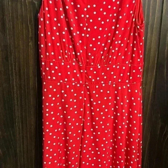 LONDON TIMES Sleeveless Flare Midi Dress Red with White Polkadots-Size: US 8 - Picture 6 of 10